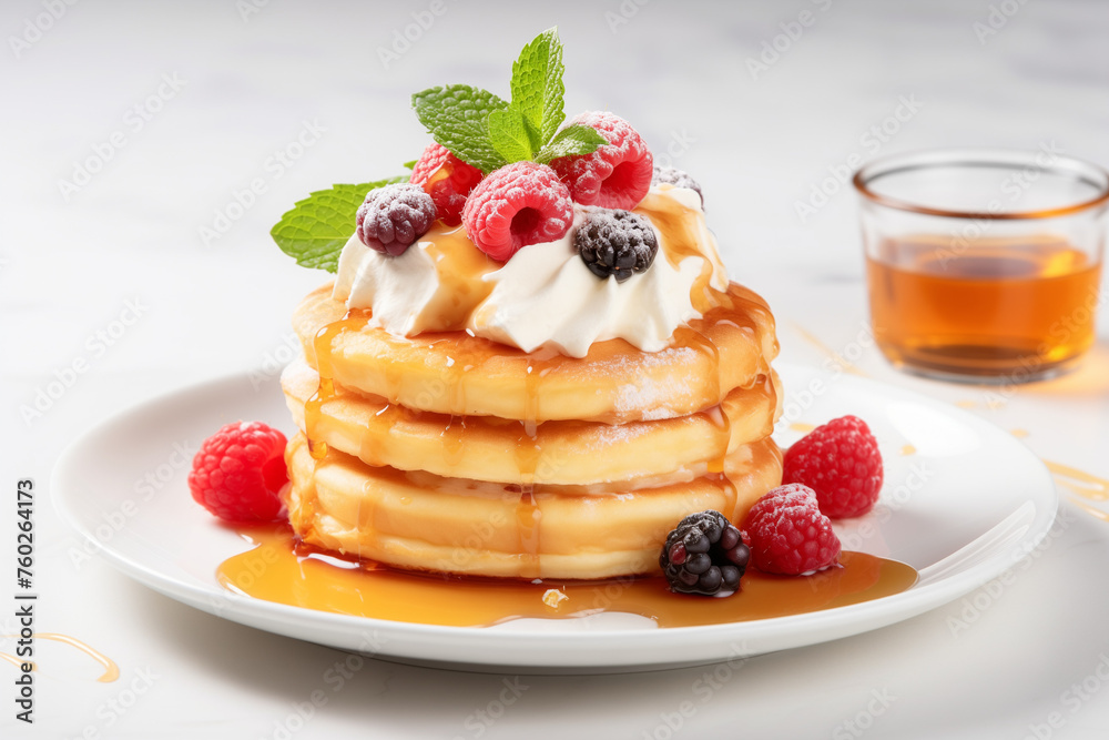 Pancakes stack with different berries and honey isolated on white background, Generative AI Pancakes stack with different berries and honey isolated on white background, Generative AI
