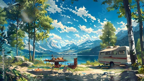 Serene painting capturing a camper nestled amidst majestic mountain peaks. Seamless Looping 4k Video Animation photo