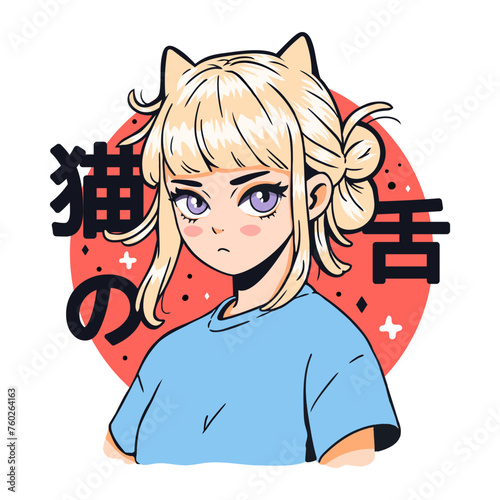 Anime girl blonde character vector illustration. Anime girl with coki ears in a red circle with hieroglyphs, print, postcard with anime.