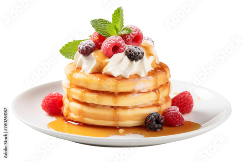 Pancakes stack with different berries and honey isolated on white background, Generative AI
