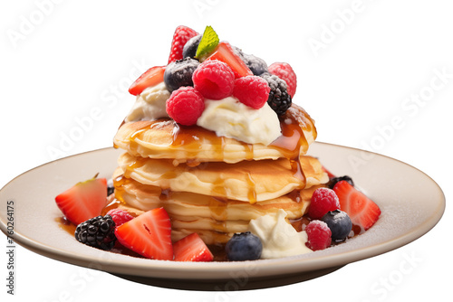 Pancakes stack with different berries and honey isolated on white background, Generative AI