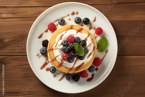 Pancakes stack with different berries and honey isolated on white background, Generative AI