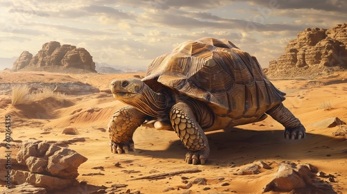 A wise old tortoise slowly making its way across a sun-baked desert landscape photo