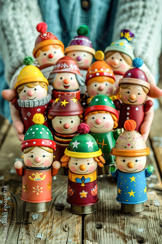 Colorful retro tin wind-up toys displayed on a wooden surface, depicting nostalgia and joy of childhood.
