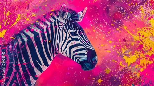 Energetic abstract zebra art, vibrant splattered paint background, dynamic digital illustration