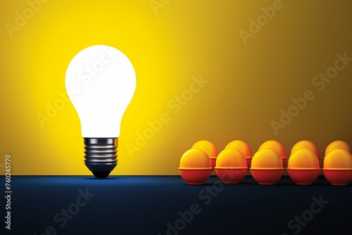 One illuminated light bulb in a group of dim ones, highlighting the concept of bright ideas leading the way