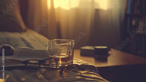 Glasses placed on a bedside table, signaling the end of a long day photo