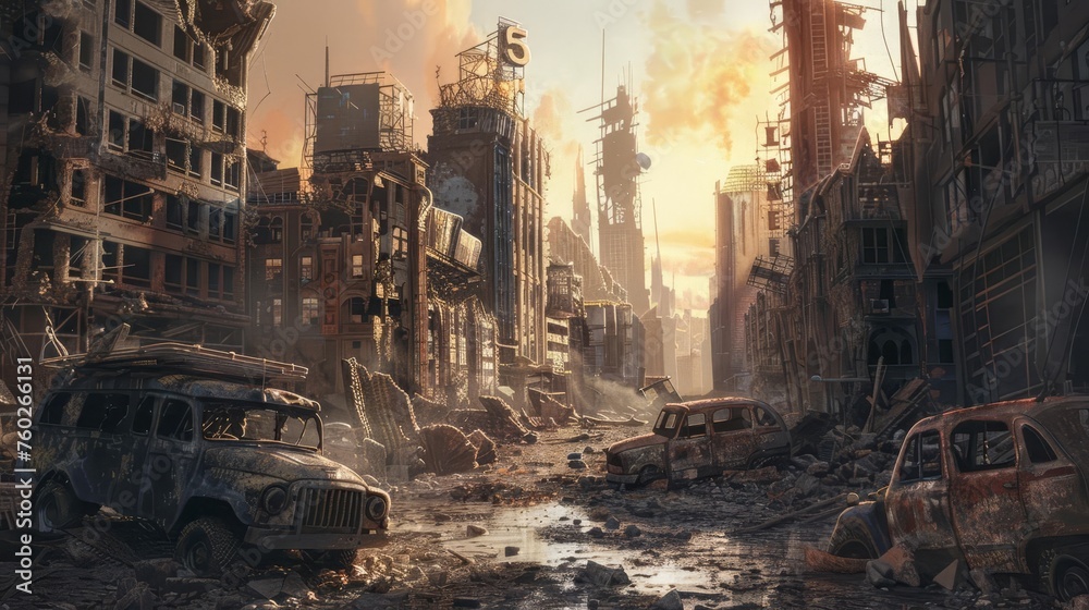 Mysterious post-apocalyptic cityscape with ruined buildings and abandoned vehicles, digital painting