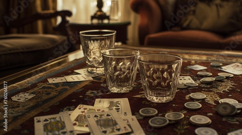 Glasses placed on a coffee table  surrounded by scattered playing cards