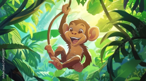Playful sketch of a mischievous monkey swinging through a lush jungle with vibrant tropical foliage