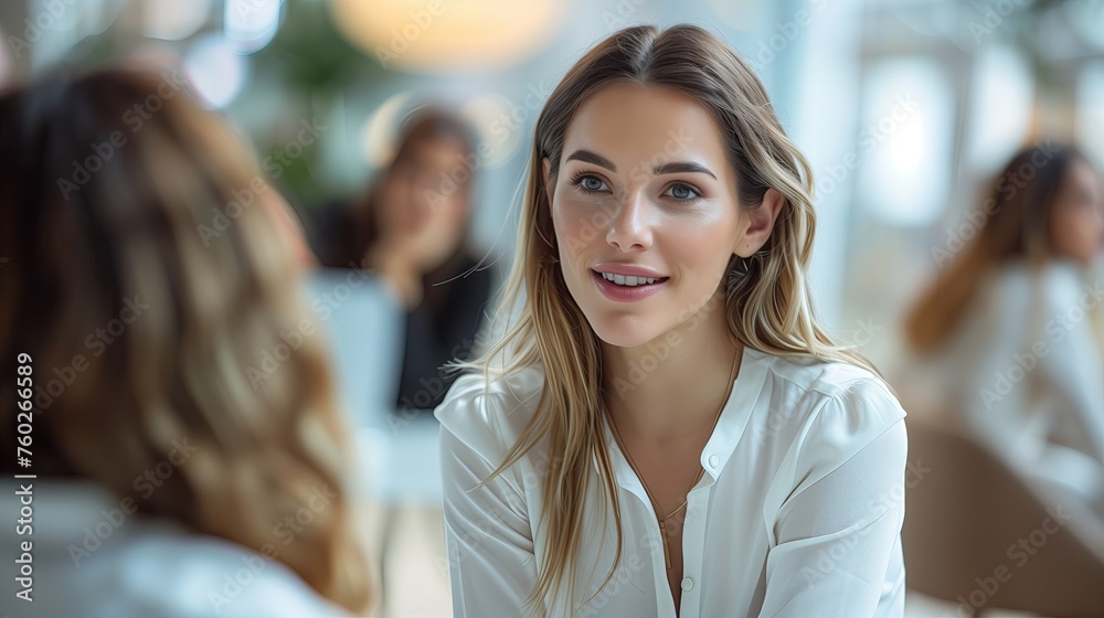 Young business woman talking with a colleague in her office Young business woman talking with a colleague in her office