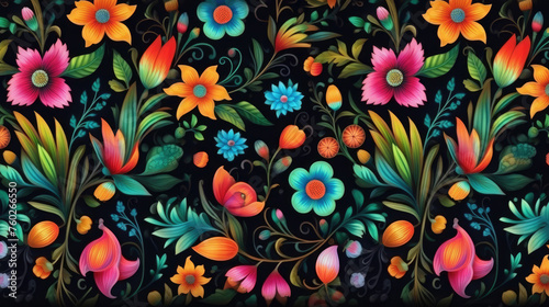 Traditional Mexican Floral Ornament on Dark Background #760266550
