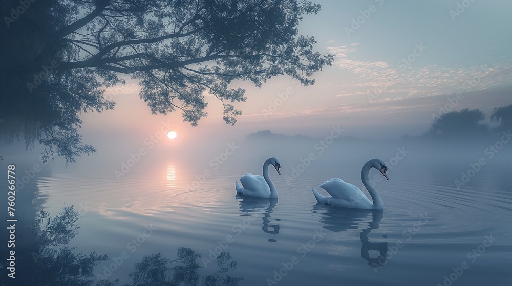 A pair of graceful swans gliding serenely across a tranquil lake at dawn