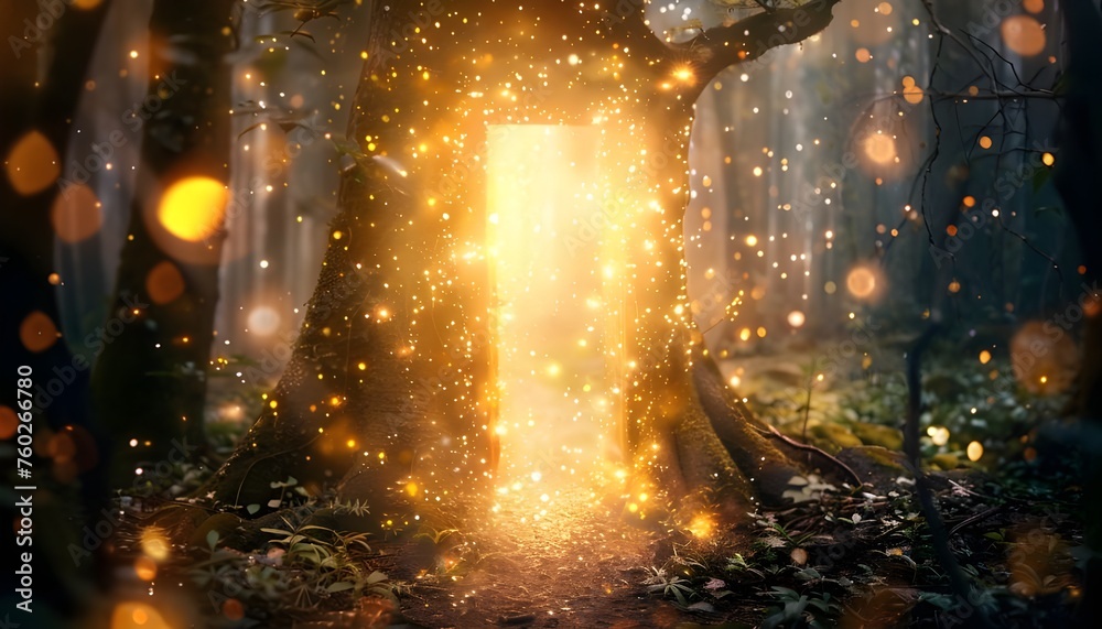 A magical door in the forest with bright glowing gold lights and sparkles