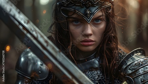 A beautiful warrior girl with a sword wearing chainmail