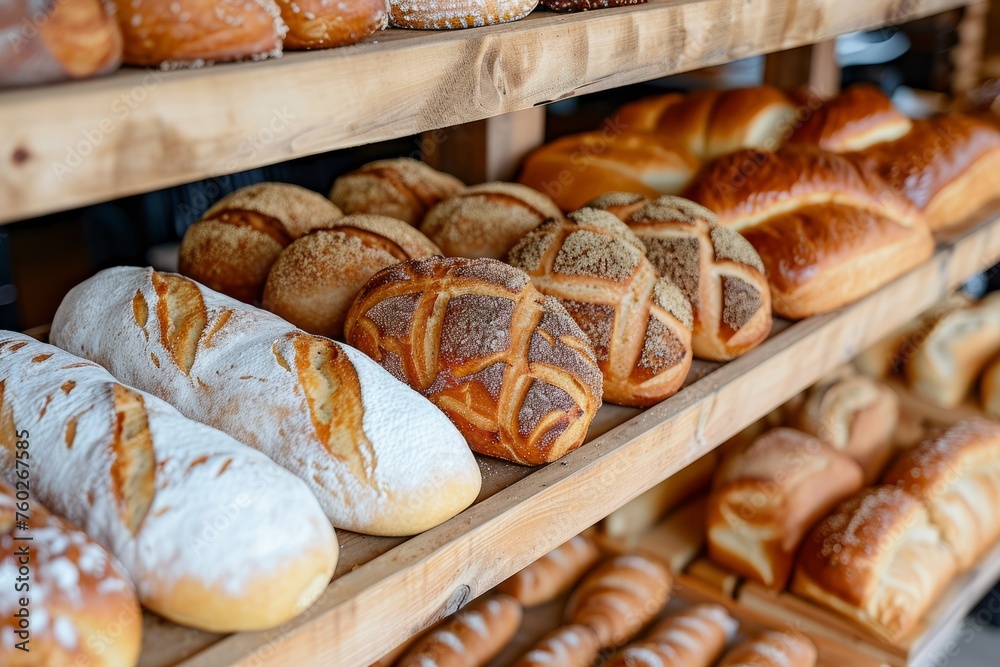 Delicious pastries and breads placed on shelf at bakery shop, various of bread for selling in shop.