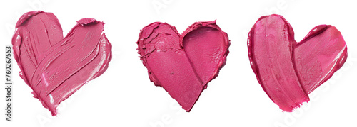 Pink lipstick shimmering texture in heart shape, texture stroke isolated on white background. Cosmetic product smear smudge swatch