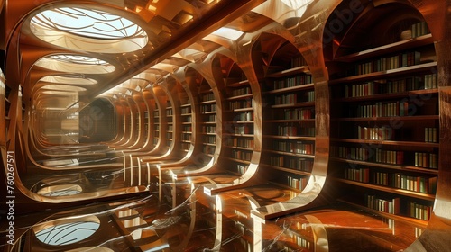 Infinite Library, architecturally stunning library with an endless loop of bookshelves, where the beauty of knowledge meets the elegance of modern design, bathed in the warm glow of ambient lighting