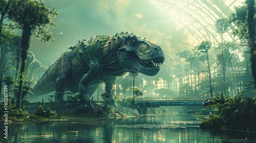 A cybernetic zoo showcasing extinct species revived through technology