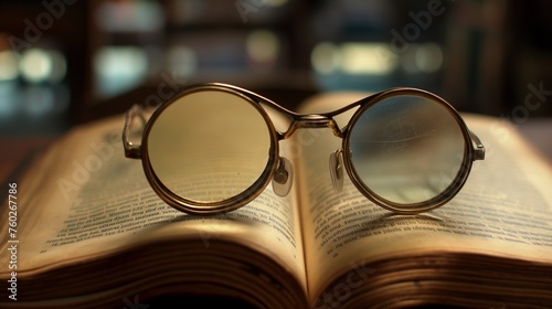 Glasses with reflective lenses placed on top of an open book, hinting at a scholarly pursuit