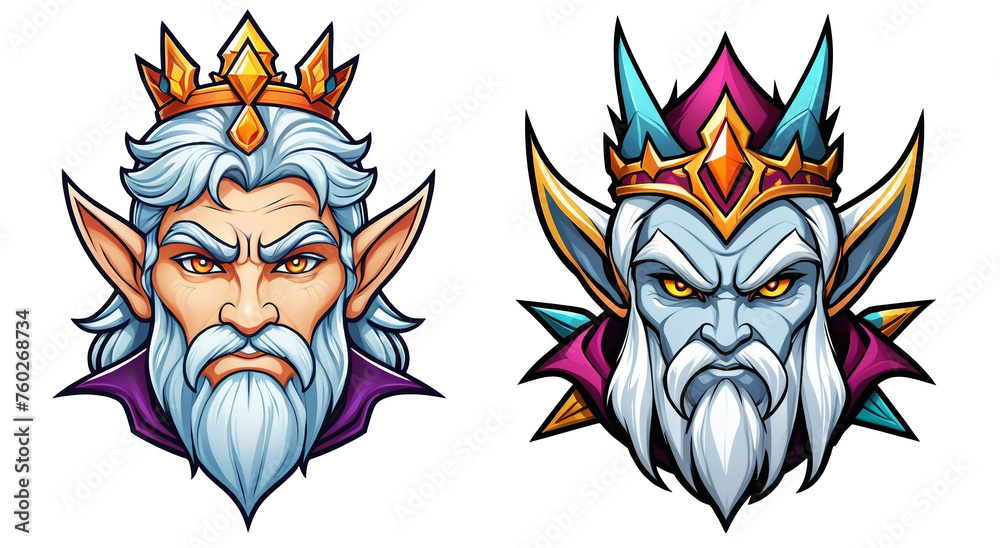 two illustrations of a man with a crown on his head and a man with a beard wearing a crown on his head