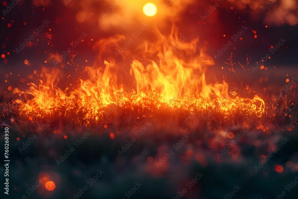 A forest on fire, the burning trees and grass  in flames. Orange and red hues against black night sky. Large scale natural disaster. Night sky. Fiery landscape	