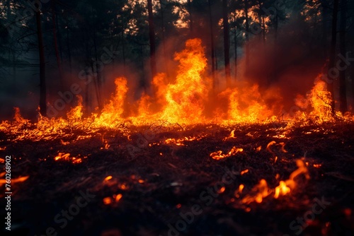 A forest on fire, the burning trees and grass in flames. Orange and red hues against black night sky. Large scale natural disaster. Night sky. Fiery landscape 