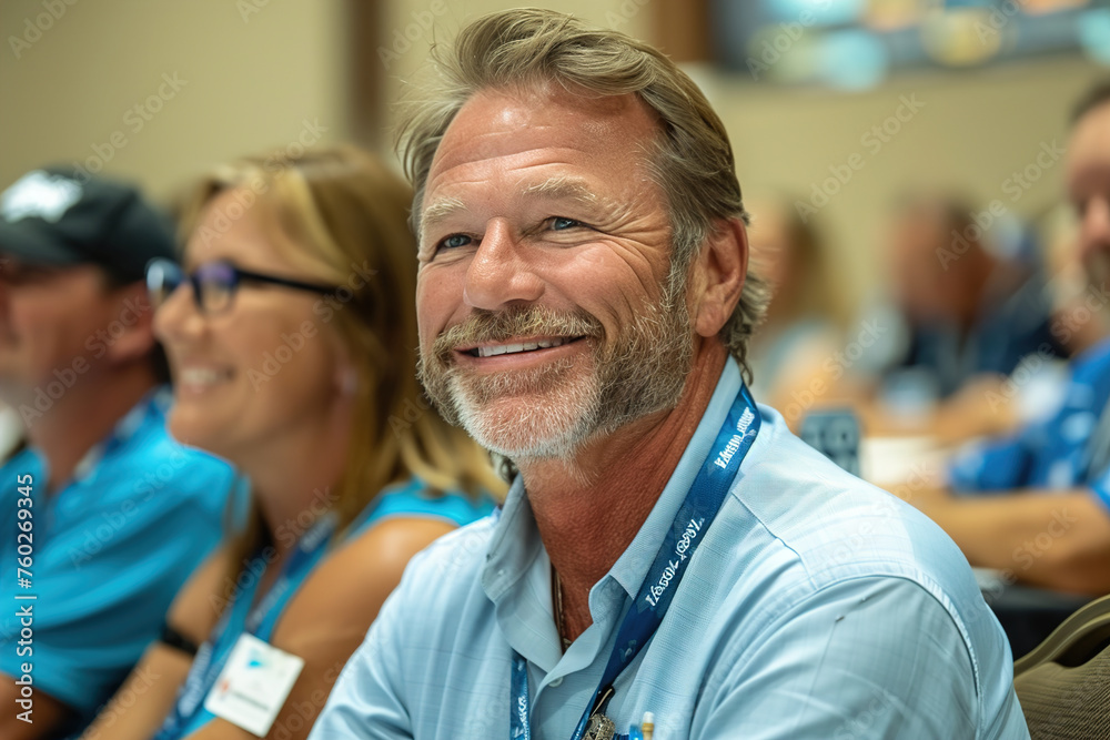 A group of adult learners engaged in a seminar, exchanging ideas and insights as they strive to expand their knowledge in a professional development setting.