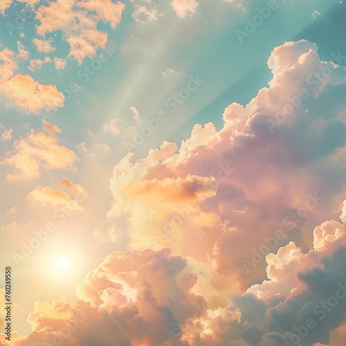 Dreamy Pastel Sky with Fluffy Clouds and Golden Sun Rays at Golden Hour