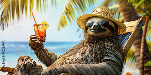 a sloth wearing sunglasses and a straw hat lounging in a beach chair with a cocktail against a tropical background, generative AI