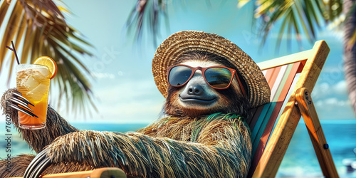 a sloth wearing sunglasses and a straw hat lounging in a beach chair with a cocktail against a tropical background, generative AI