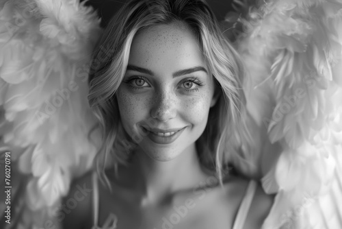 Ethereal Blond Beauty with Feathered Wings, Illustration Portrait in Black and White. Generative AI. 