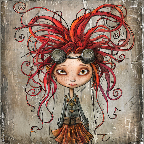 Illustration of a cartoon caricature of a young female child with crazy and messy wild red hair dressed in steampunk style clothes and wearing dark goggles on her forehead.jpg
