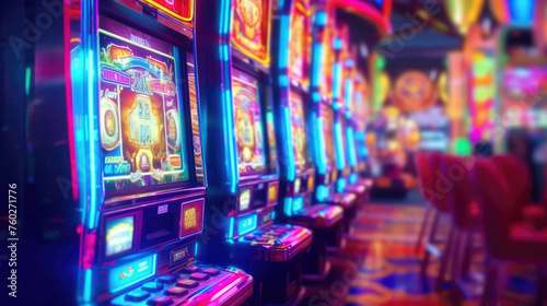 Casino Slot Machine Room Aglow with Vivid Colors