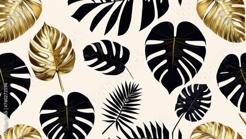 Luxury tropical leaves in gold and black. Dark Monstera and palm graphic design.