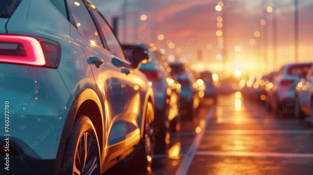 Electric cars on display at sunset, focus on white SUV. Sunset brings out the best in electric SUVs at the dealership.