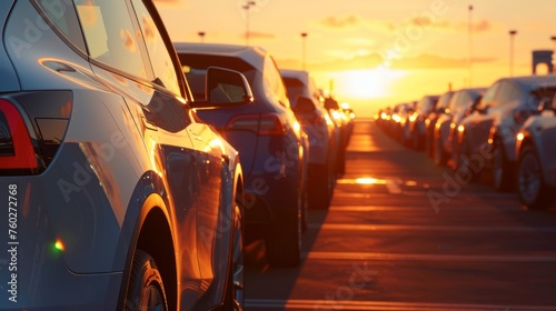 Electric cars on display at sunset, focus on white SUV. Sunset brings out the best in electric SUVs at the dealership.