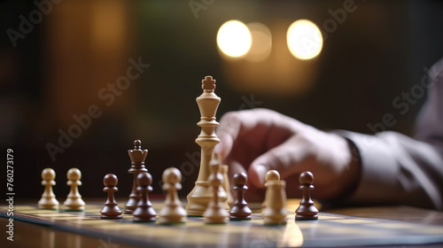 Close-up of Businessman Moving Chess Piece on Board