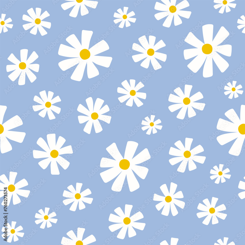 Seamless pattern with white groovy daisy flowers on blue background. Vector illustration.