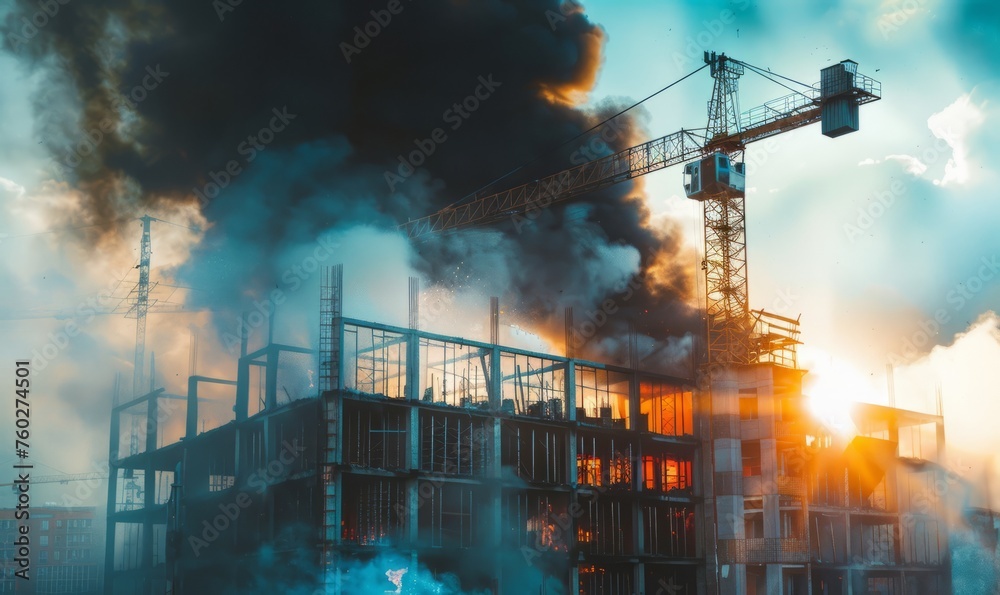 Construction site fire, burning house and black smoke generated AI - obrazy, fototapety, plakaty 