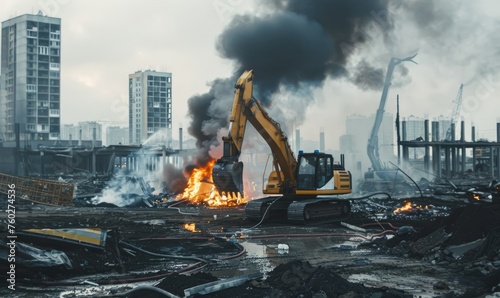 Construction site fire, burning house and black smoke generated AI photo