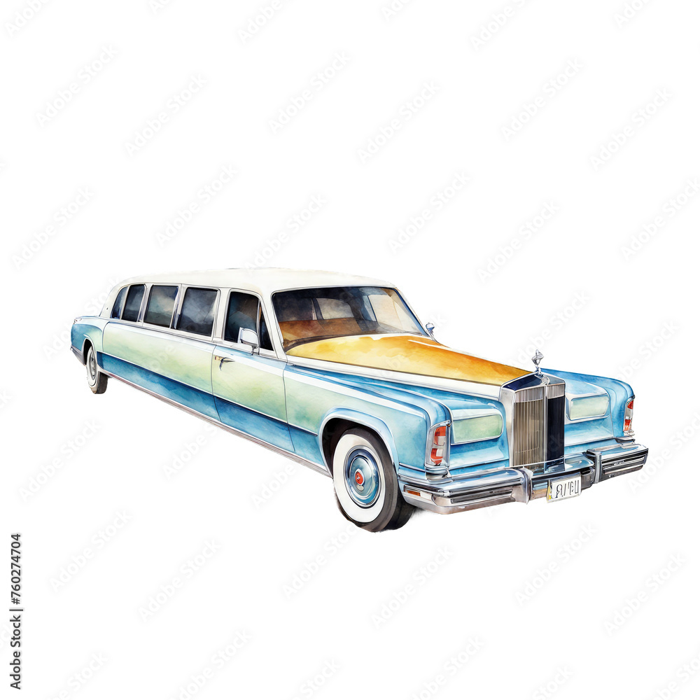 Limousine car watercolor illustration, luxury elongated car, long style car, vector clipart of stylish vehicle, expensive car clipart, sky blue car, isolated on white background Limousine car watercolor illustration, luxury elongated car, long style car, vector clipart of stylish vehicle, expensive car clipart, sky blue car, isolated on white background