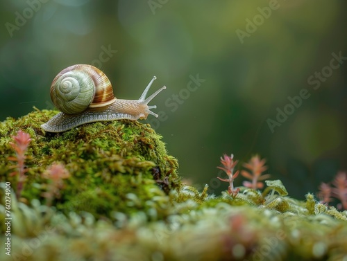 A close-up of a snail on a mossy surface exploring a miniature world