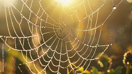 A close-up of morning dew drops on a spider web shimmering in the early sunlight