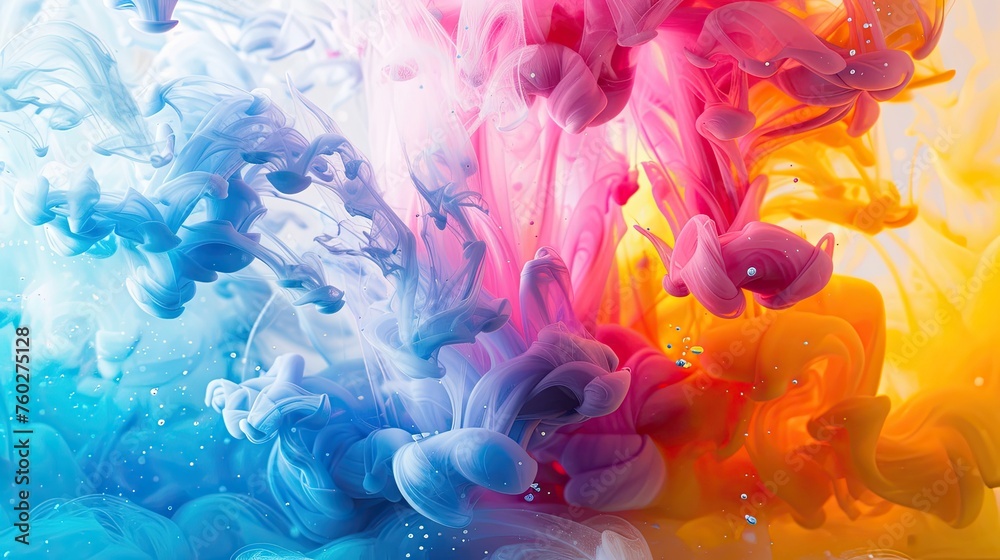 A macro view of ink dispersing in water creating a dynamic and colorful cloud