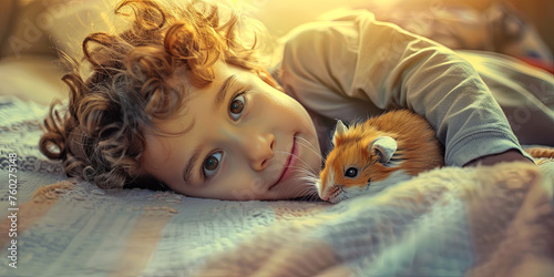 adorable little hamster and cute child, generative AI