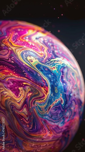 The surface of a soap bubble capturing the swirling colors and fluid patterns