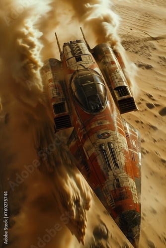 spaceship flying desert area background red orange skiff pascal rusty design star citizen