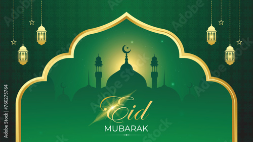 Elegant eid mubarak islamic background green with mosque silhouette and lantern. Eid mubarak greeting card.
