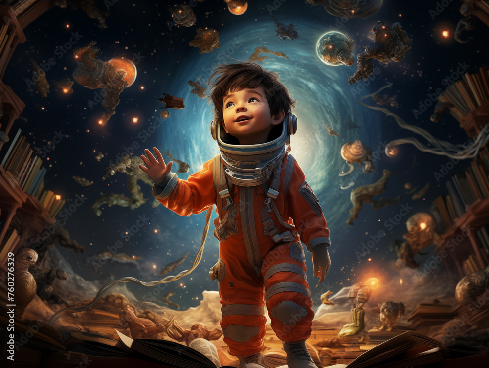 A whimsical depiction of a child dressed as an astronaut A whimsical depiction of a child dressed as an astronaut
